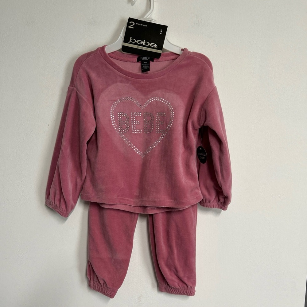 New BEBE 2 Piece Velour Rose Blush‎ Toddler Size 4 Sweatsuit Cozy Rhinestone ￼